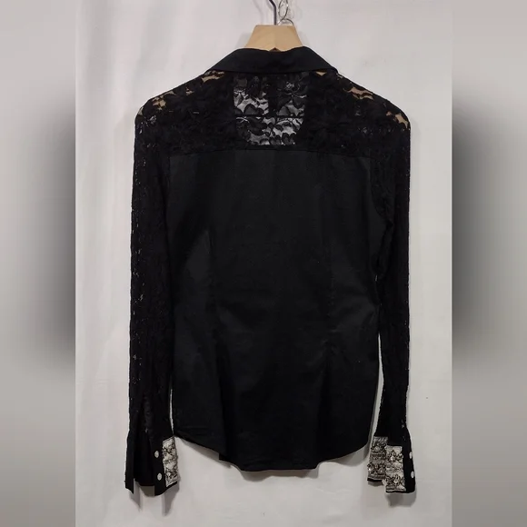 BKE Lace Floral Embellished Button Shirt Womens S Black Silver Boho Retro 90s - Picture 5 of 7